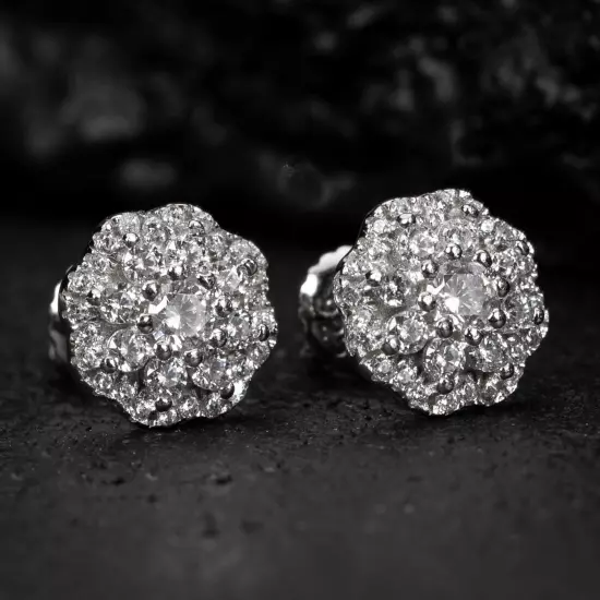 White Gold 925 Sterling Silver Men's Flower Cluster Cz Stud Screw Back Earrings