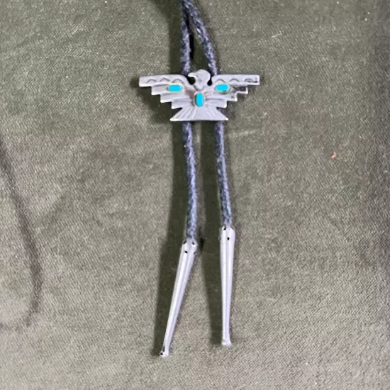 Vintage Turquoise Silver Bolo Tie With Western Black Braided Cord