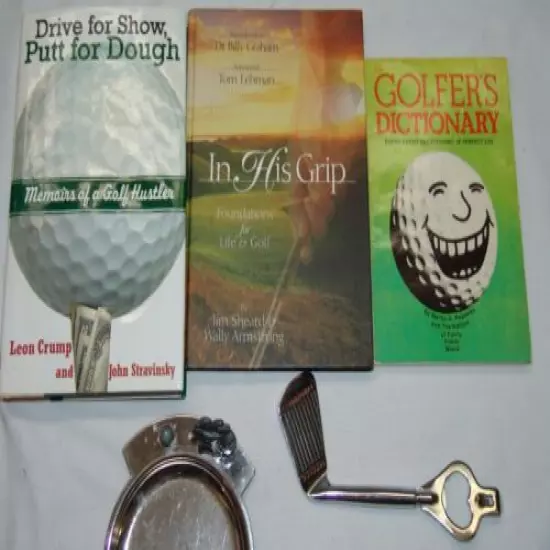 Golf Gift Lot Books Ash Tray Bottle Opener Devotion In His Grip Golfers Dictiona