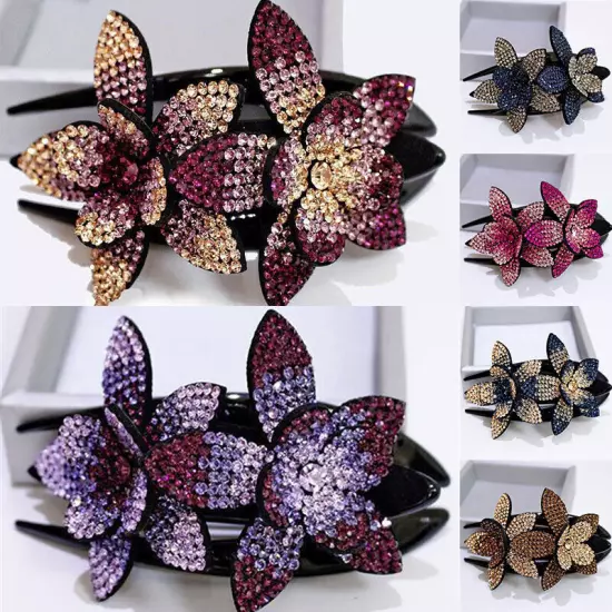 Ladies Rhinestone Double Flower Hair Clip Barrettes Crystal Comb Large Catch 1x-