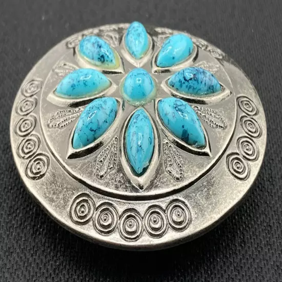 Woman's Belt Buckle 2 1/2" Round Metal 9 Faux Turquoise Pieces BOHO Vintage