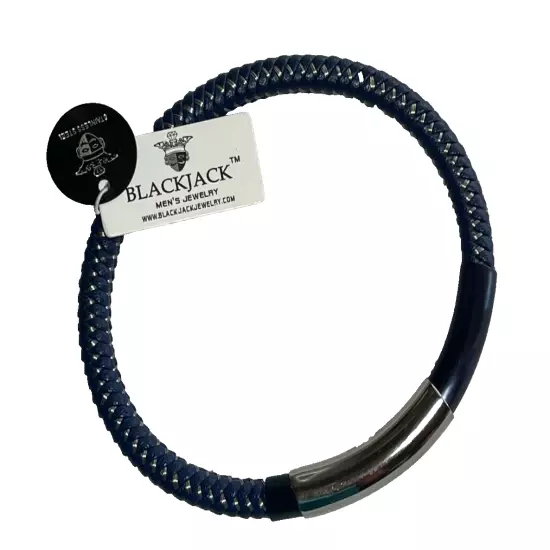 Blackjack Blue Metallic Woven Leather Silver Accent Stainless Steel Men Bracelet