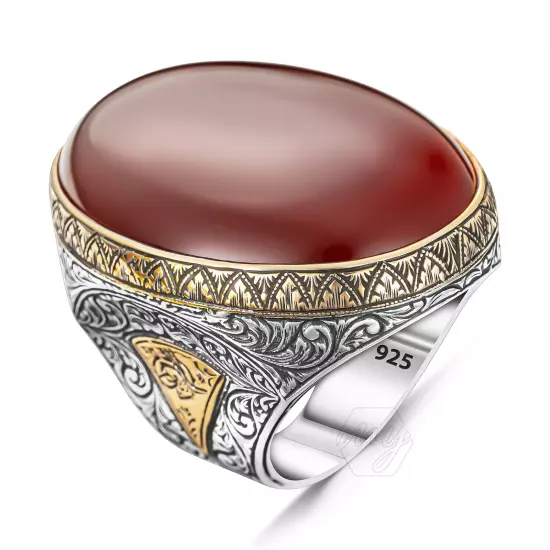 925 Sterling Silver Agate Stone Turkish Handmade Huge Men's Ring