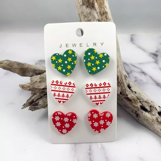 3 Pairs Set Of Winter Sweater Hearts Stud Post Earrings - New -