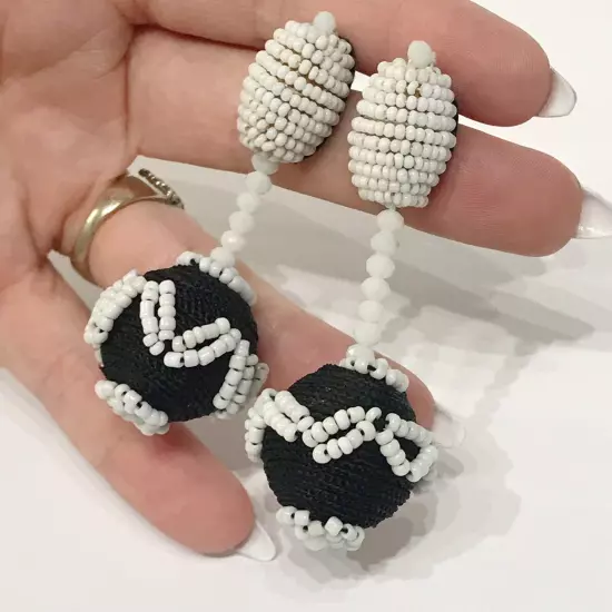 ZARA Tribal Drop Oversized Statement Beaded Ball Black White Boho Drop Earrings