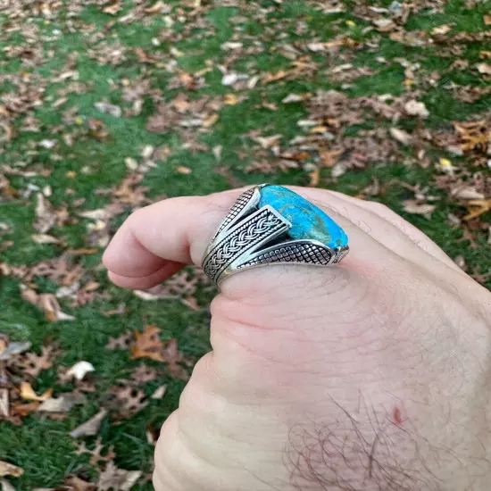 Mens Real Solid 925 Sterling Silver Blue Turquoise Natural Native Gemstone Ring