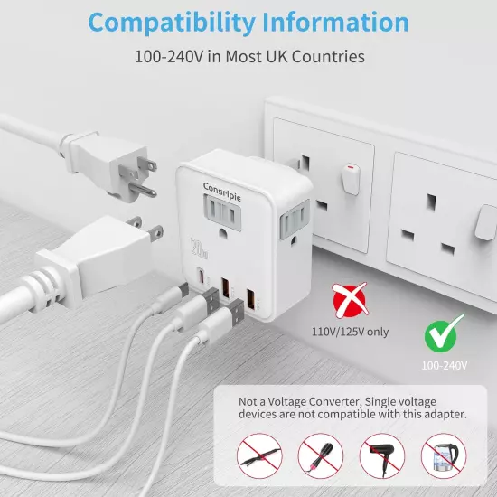 UK Travel Plug Adapter, US to UK Travel Adapter with USB-C, 20W Fast Charging T