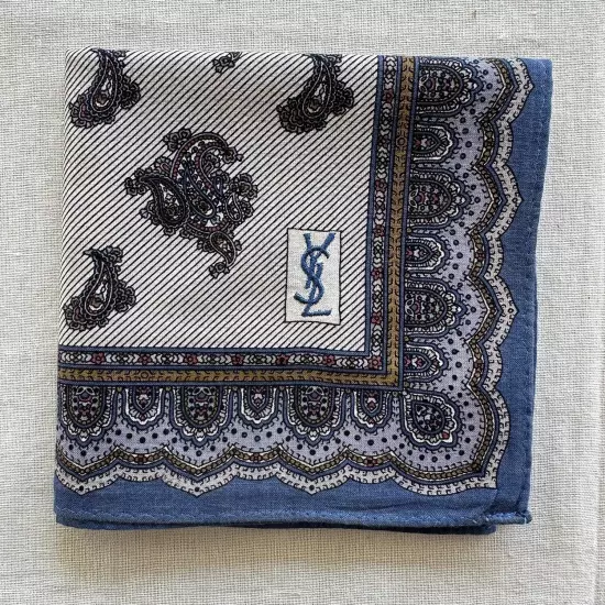 Vintage Handkerchief Gray Blue Cotton Paisley Pattern Classic Pocket Square 18"