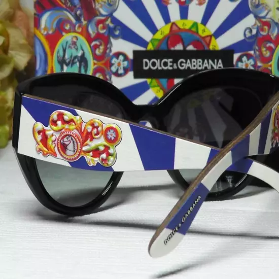 Dolce Gabbana Cat Eye Horse Emblem Sunglasses Colorful Arms Black Front 52-21-14