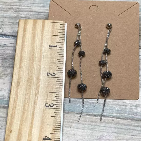 Black Crystal Mini Balls Silver Chain EARRINGS Drop Dangle Tassel NWOT 3"