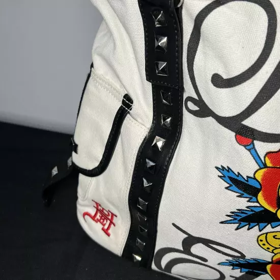 Ed Hardy White Canvas Tote Satchel Purse Leather Studded Trim 