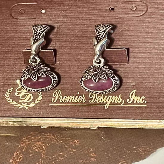 Premier Designs Purple Cab Floral Silver Tone Dangle Earrings Omega Back 1 1/4"