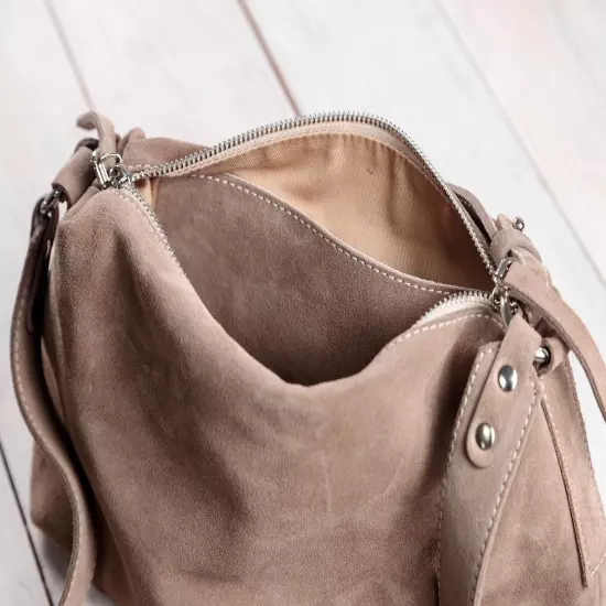 Brown Small Suede Tote Bag Crossbody Hobo Handbag Handmade Underarm Purse