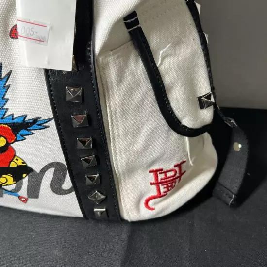 Ed Hardy White Canvas Tote Satchel Purse Leather Studded Trim 