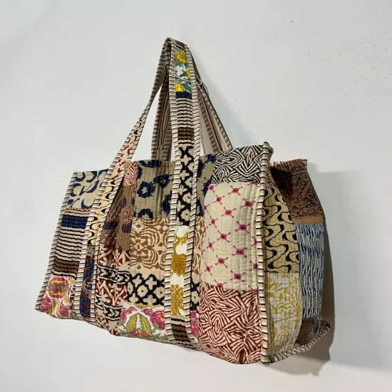 Indian Beige Patchwork Quilted Shoulder Bag Women's Beach 100% Cotton Handbag US