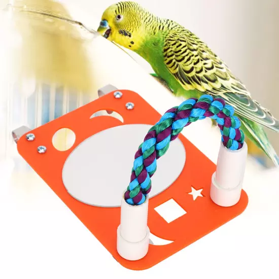 Parrot Biting Chewing Toy Cotton Rope Stand With Large Plastic Mirror Oval