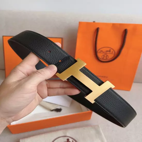 Hermès New Double-sided Men's Leather Belt Black gold buckle 38/95