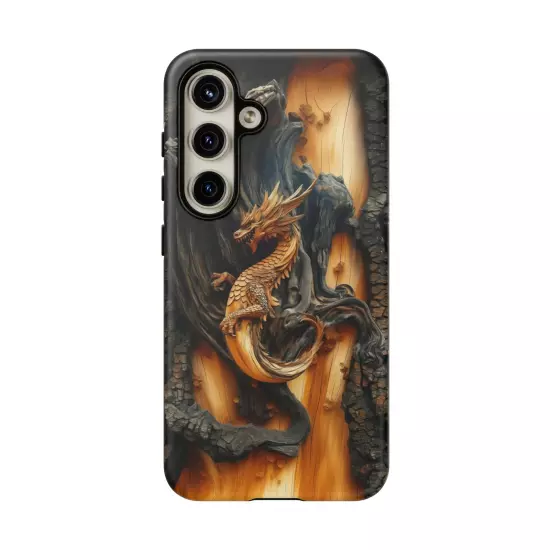 For iPhone, Samsung Galaxy, Pixel - Phone Case Cover - Carved Wood Dragon Print