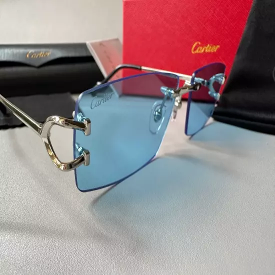 Men Cartier Sunglasses Rimless Glasses Blue Lenses Eyeglasses