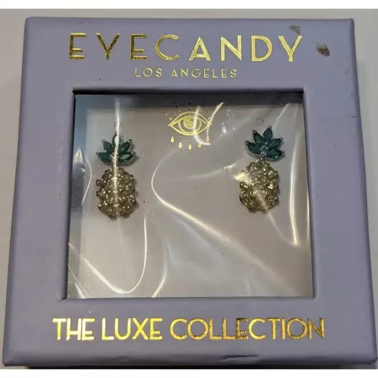 Eye Candy Lux CRUISING Pineapple Earrings Yellow Green Rhinestone Studs New