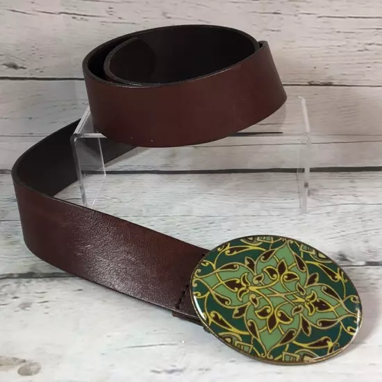 Vintage Eddie Bauer Leather Belt w/Large Green Floral Buckle Size Small