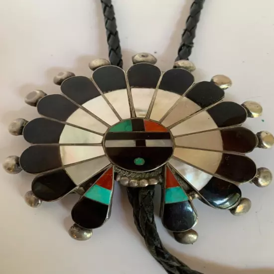 Vintage Zuni Signed Native American Multi-Gemstone Sun Face Bolo Tie