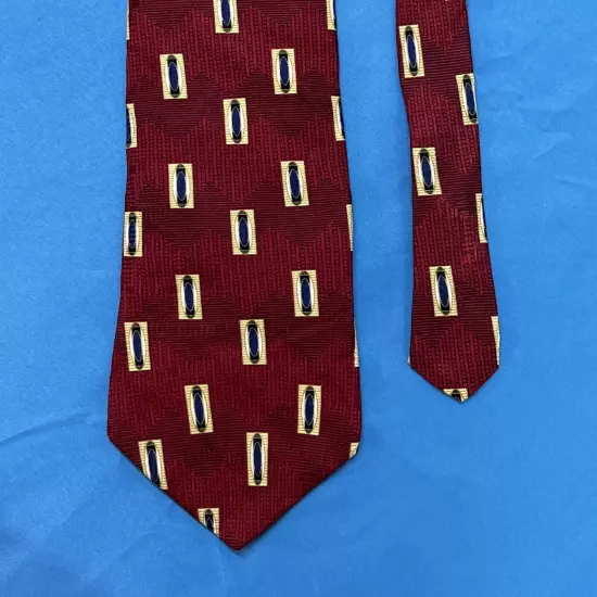 BILLY BASS Black Label MAROON/GOLD Rectangle Print 100% SILK Men's NECK TIE