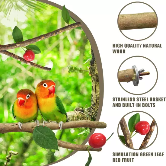 3Pcs Bird Perch Stand Natural Wooden Parrot Stand Branch，Simulated Fruits and Gr