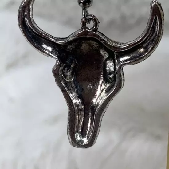 New Cowboy Boho Steer Longhorn Bull Silver-tone Pierced Earrings 2” Long Drop 