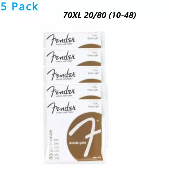 (10-48) 70XL 20/80 Bronze Extra Light Acoustic Guitar Strings For Fender 5 Pack