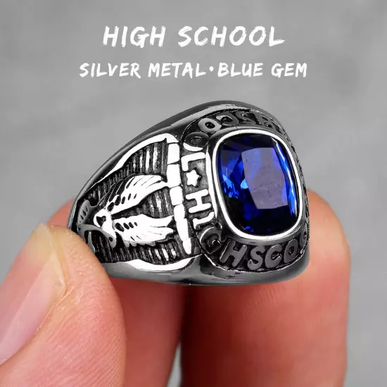 Stainless Steel Men Rings Rhinestone High School Eagle Punk Red Blue Green Stone