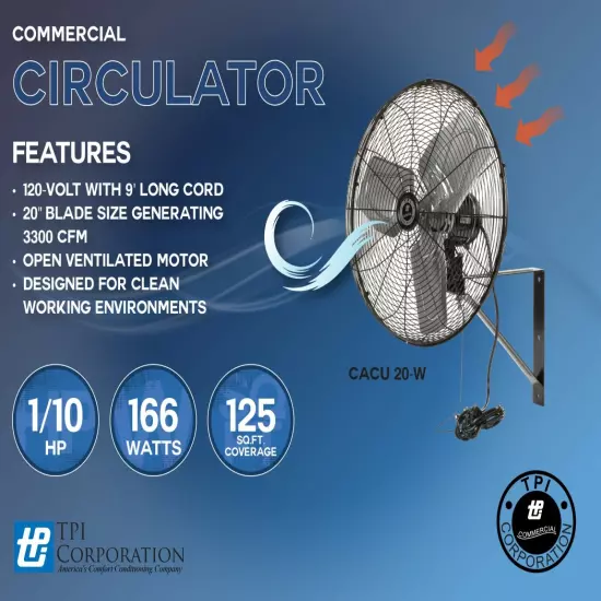 TPI CACU20-W 20" Commercial Air Circulator Wall Mount 1780/1600/1420 CFM 120V