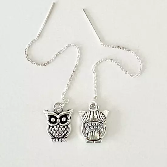 "IAJ" Owls Sterling Silver Ear Threads Threader Earrings