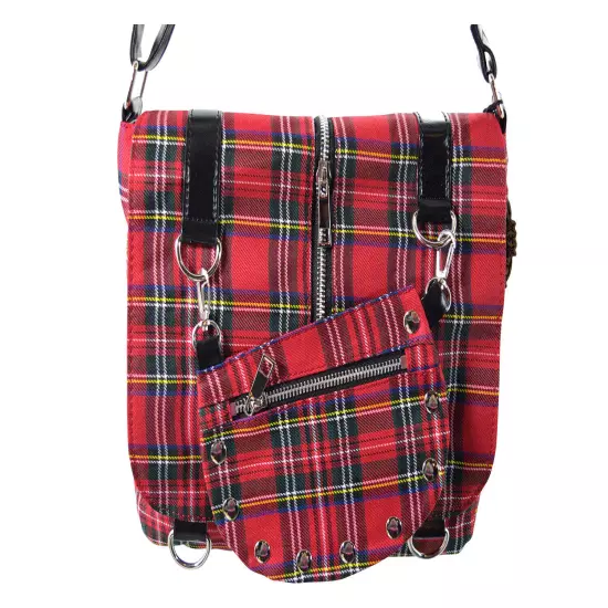 Lost Queen Red Tartan Plaid Crossbody Purse with Zippers and studs 