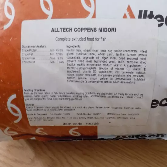 Alltech Coppens Midori Complete Extruded Fish Food 33 lb. Bag--LOCAL PICKUP