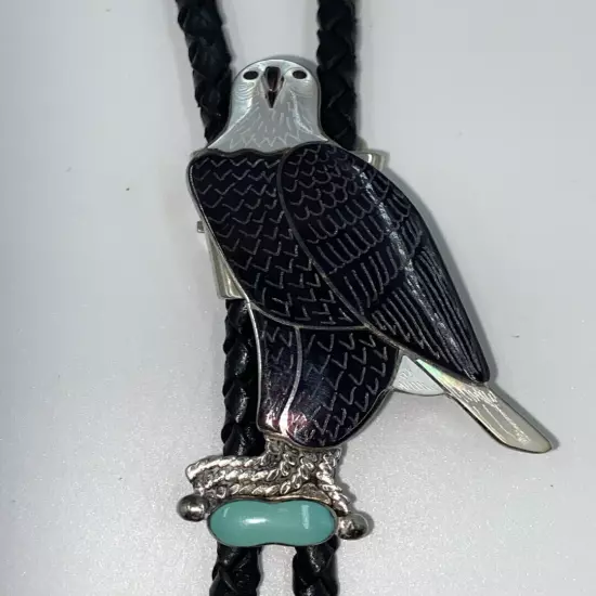 Vintage Zuni Indian Bolo Tie Silver Eagle Abalone, Black Jet Signed!