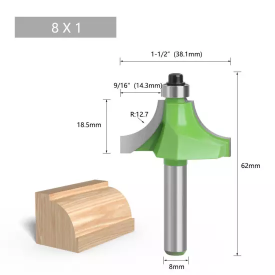 8mm Shank Round Over Edge Profile Router Bit, 2.25-12.7mm Radius 1PC/10PCS GREEN