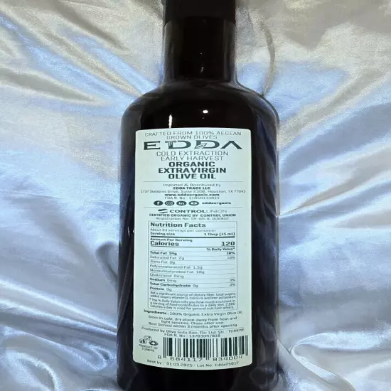 Edda Organic Extra Virgin Olive Oil 500ml (16,9oz), 2023 Gold Winning Olive Oil