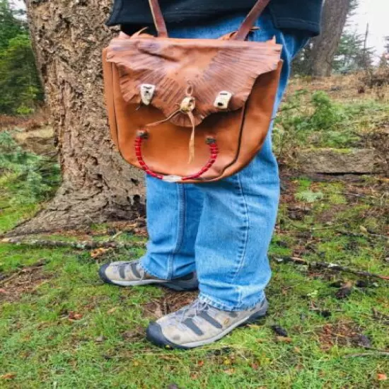 Leather Beaded Mountain Man Possible Bag, Glass Crow Style Beads, Abalone Shell