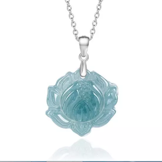 Certified Natural Blue Burma A Jade jadeite Lotus S925Silver Pendant Necklace