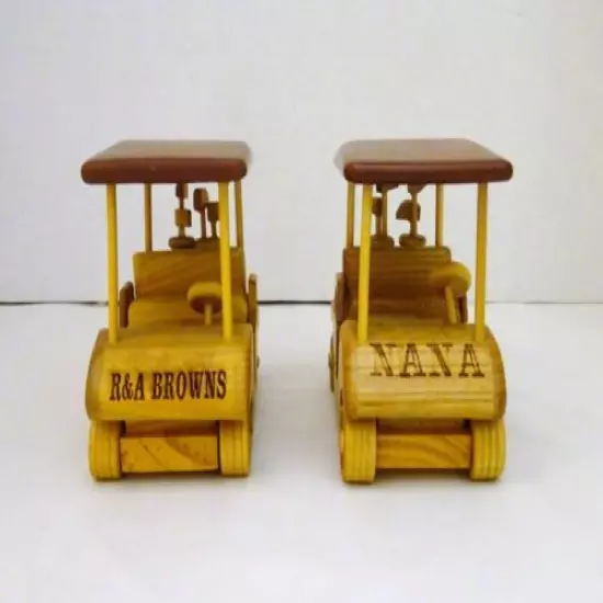 Set Of Two HANDCRAFTED Wooden Golf Carts w/ Golf Clubs "NANA" & "R & A BROWNS"