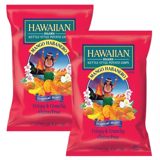 Hawaiian Kettle Style Potato Chips MANGO HABANERO Tropical Heat 7.5Oz (2 Bags)