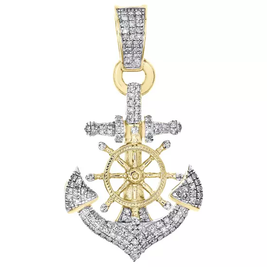 10K Yellow Gold Diamond Anchor Ship Steering Wheel Pendant 1.35" Charm 3/10 CT.