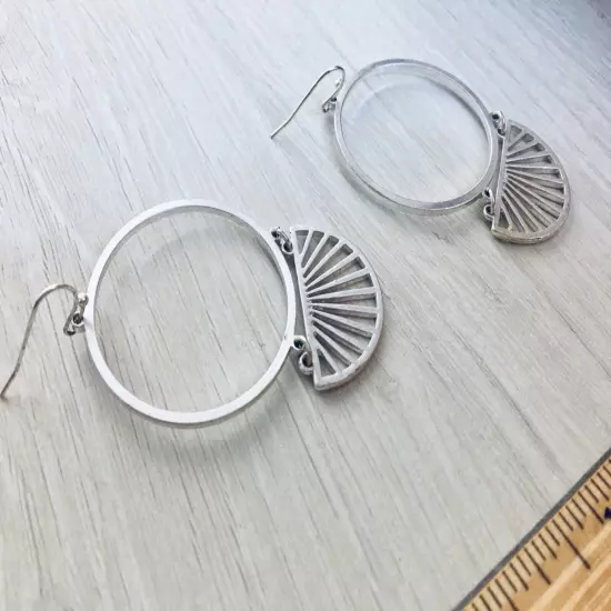 Art Deco Large Hoop Earrings For Women Silver Tone Dangle Drop