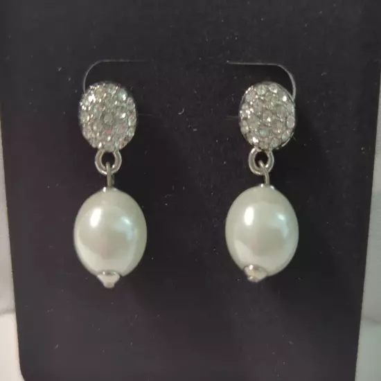 Drop Dangle Post Earrings Silver Tone Faux Pearl and Pave 1"