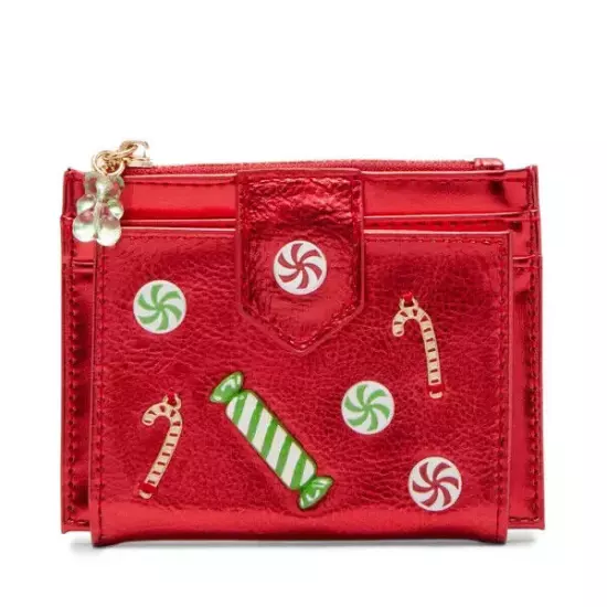 Betsey Johnson Kitsch Candy Bifold Wallet Red Metallic Candy Cane Christmas