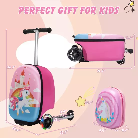 VLIVE Kids Ride on Suitcase Scooter Luggage with LED Lights and Unicorn Patterns