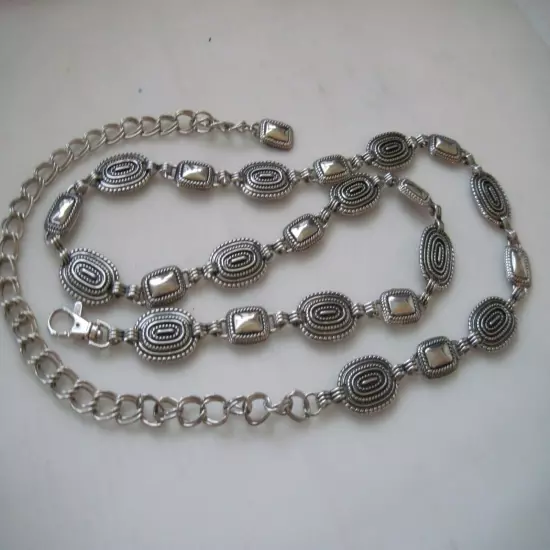 70's Ornate Silver Vintage Chain Belt O/S Adjustable Waist Full Length 58"