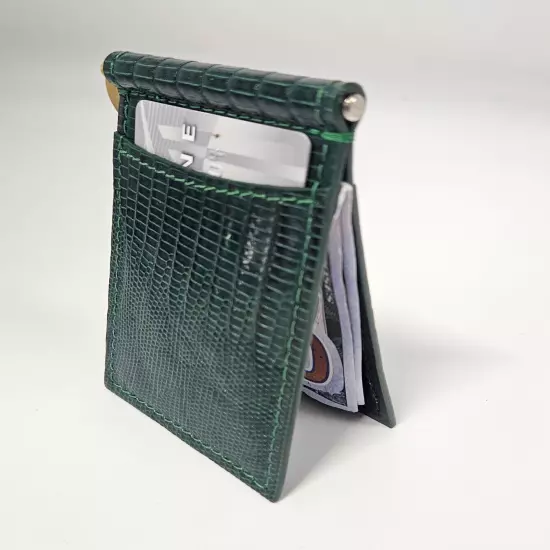 Green Genuine Lizard Nickel-Plated Clip Card Case Wallet MADE IN THE USA G