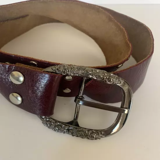 Women’s Genuine Leather Studded Belt Strap Silver Floral Buckle Size 28